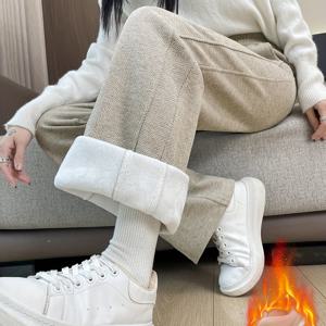 TEMU 여성용 겨울 하이웨이스트 기모 안감 두꺼운 레깅스 - 따뜻하고 탄력 있는 바지, 캐주얼 스타일, 보온 디자인, 단색 포켓, 탄력 있고 편안한 레그 팬츠, 외출용 와이드 레그 팬츠