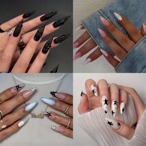 TEMU 96개 롱 스틸레토 프레스 온 네일 XXL/XXXL 멀티 컬러 시리즈 네일 팁 인조 네일 스틸레토 프레스 네일 3D 라인스톤 데코 별 디자인 풀 커버 프레스 온 네일 키트, 여성 및 파티용 데일리 착용에 적합