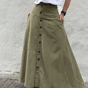 TEMU 여성용 우아한 A라인 맥시 스커트, 하이웨스트 & 포켓 - 솔리드 올리브 그린, 버튼 앞면 클로저, 플로리드 플로어 레인지 디자인, 올 시즌 포멀 & 캐주얼 웨어