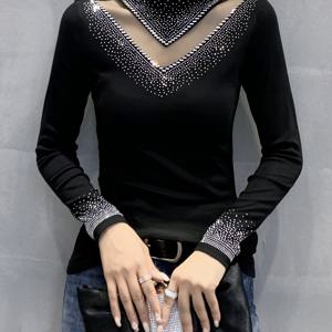 TEMU 1개 라인스톤 메쉬 패치워크 하이넥 긴팔 티셔츠, 패셔너블 섹시 스타일, 핏, 데일리웨어/파티용 다용도 탑