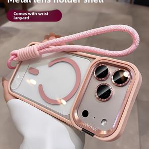 TEMU 아이폰 16, 17 프로 맥스, 15, 14용 메탈 스탠드 케이스 - 자석 렌즈 보호기 및 손목 스트랩 포함, 안티드롭 풀 커버리지 보호 케이스 (여성 스타일)