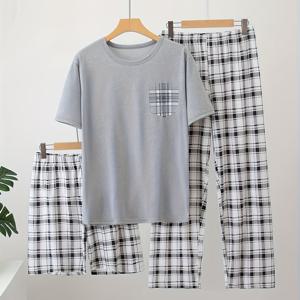 TEMU 남성용 경량 3피스 파자마 세트, 반팔 상의 + 반바지/바지 선택 가능, 봄 여름 가을용 격자무늬 파자마 세트
