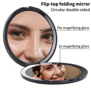 TEMU 70x 고화질 돋보기 거울 | 회전식 플립 커버, 접이식, 다기능 원형 소형 거울, 부드러운 쉘, 고급스러운 질감, 가로형 모델, 휴대용 여행 필수품, 선물용으로 적합 | 블랙