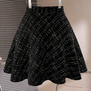 TEMU 여성용 하프 스커트 가을/겨울용 두꺼운 미세 향 스타일 하운드투스 숏 스커트 플레어 우산 스커트 레트로 엘레강스 드레스