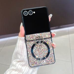 TEMU 폰 케이스: 갤럭시 Z 플립 3 Z 플립 4 Z 플립 5 Z 플립 6 Z 플립 7용 우아한 글리터 창의적인 링 홀더 스탠드 접이식 폰 케이스, 풀 커버리지 안티드롭 보호 커버