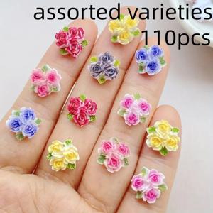 TEMU 110개 60개 혼합 레진 미니 컬러풀 3잎 장미 납작 뒷면 꽃 조각상 - 네일 아트, 웨딩 스크랩북, 공예 및 장식에 적합
