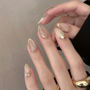 TEMU 30개 세트 숏 아몬드 프레스온 네일, 누드 프렌치 스타일 골드 글리터 캣아이 광택 인조네일, 여성용 라이트 럭셔리 스타일, 일상, 파티, 데이트, 휴일용 재사용 가능, 젤리 글루 및 네일 파일 포함