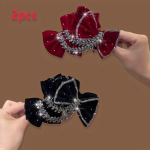 TEMU 가을/겨울 신상 골든 벨벳 리본 밀 이삭 라인석 헤어 클로 클립 2개, 여성용 빈티지 우아하고 고급스러운 반짝이는 라인석 대형 헤어 클램프, 레드 크리스마스 드레스업 머리 장식, 샤크 클립, 일상 및 크리스마스 휴일 파티용