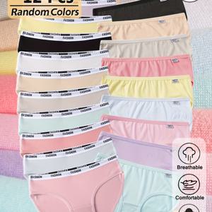 TEMU 12개 묶음, 다양한 색상의 여아용 신축성 좋은 편안한 팬티, 스타일리시한 캔디 컬러 속옷