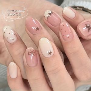 TEMU 여성을 위한 컬러 블록 광택 별, 도트, 리본 프린트가 있는 숏 프레스온 아몬드 인조 손톱 30개, 데일리웨어, 파티, 데이트, 축제 행사를 위한 스위트 스타일, 젤리 접착제와 네일 파일과 함께 재사용 가능