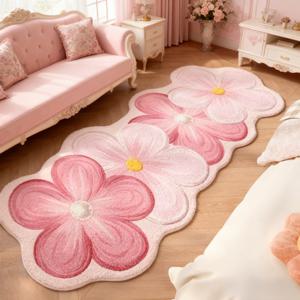 TEMU 1000G 인조 캐시미어 10mm 프렌치 크림 스타일 긴 스트립 러그, 핑크 플로럴 디자인, 침실 장식용 플러시 카펫, 독서실 및 옷장용 불규칙한 모양, 미끄럼 방지 러그, 푹신하고 부드러움, 세탁 가능한 매트 (거실용)