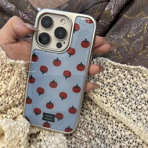 TEMU 아이폰 17 PRO MAX 케이스, 하늘색 배경에 은색 테두리 패턴과 빨간 사과가 특징인 케이스. 17 Air/11/1716 PRO MAX/16/15 PRO MAX/15 PLUS/15/14 PRO MAX/14 PRO/14/13/12/11/X/XR/XS MAX용. 신형 모델, 낙하 방지, 전기도금 은색 테두리, 고급 비즈니스 스타일