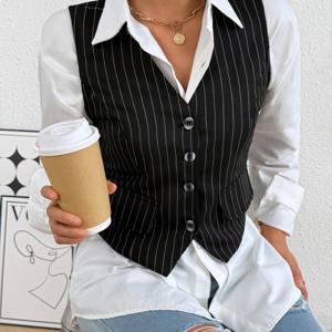 TEMU 여성 봄/여름 상의, 봄/가을 겉옷, 캐주얼 및 업무복, 단색 베스트, 민소매 셔츠, 스몰 V넥 재킷, 페이크 포켓