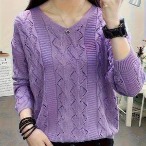 TEMU 여성용 긴소매 얇은 박쥐 날개 스웨터, 루즈핏 브이넥 크로셰 레이스 여성 의류