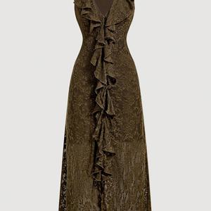 TEMU 여성용 엘레강스 레이스 패치워크 러플 브이넥 중종아리 원피스 올드머니 스타일 여성 가을용