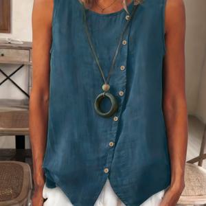 TEMU 여름 여성 캐주얼 민소매 패션 조끼 비대칭 버튼 사이드 라운드넥 다용도 탑