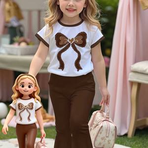 TEMU 1-6세 여아용 2종 세트, 캐주얼 리본 프린트 라운드넥 반팔 상의와 플레어 팬츠, 봄/가을 의류, 야외 활동용으로 적합