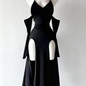 TEMU 다크 고딕 스타일 할터넥 드레스, 하이슬릿 및 컷아웃 디자인, 니치 핫 스타일, 유니크한 의상 아이템