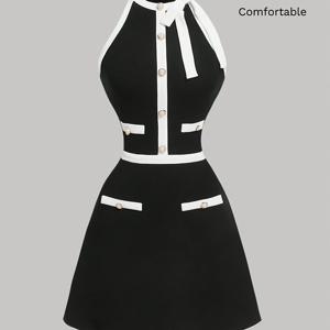 TEMU 여성용 우아한 라운드넥 민소매 리본 장식 버튼 원피스 여성용 블랙 앤 화이트 컬러 블록 A라인 숏丈 드레스 신부 들러리 드레스 여성용