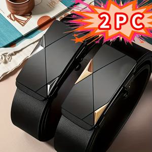 TEMU 2개 세트 남성용 자동 버클 벨트 - 헤비듀티 PU 가죽, 싱글 버클 디자인, 골드 자동 버클, 정장 및 비즈니스 행사에 적합, 블랙 - 생일/기념일/아버지의 날 선물로 이상적, 안전 메커니즘 디자인, 사이즈, 모던 패션 블랙 PU와 골드 톤, 프로페셔널 복장, 오피스웨어, 현대적 스타일, 스트림라인드 디자인, 내구성 있는 소재