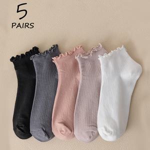 TEMU 귀엽고 사랑스러운 여성용 러플 골지 발목 양말 5켤레, 단색 젠틀 스타일 러플 여성 양말, 러플 엣지 양말, 귀여운 양말, 여성을 위한 선물, 여성용 겨울 양말, 소녀스타일 의상 트렌드, 통기성 및 흡습성, 발목 양말