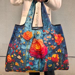 TEMU 여성용 대형 소프트 나일론 토트백 - 데일리 출퇴근, 쇼핑, 여행용 - 컬러풀 오일 페인팅 플로럴 핸드백 (손목 스트랩 포함, 접이식 장바구니), 스타일리시하고 내구성 있는 나일론 천 가방, 2D 플랫