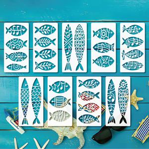 TEMU 9개 대형 재사용 가능한 기하학적 물고기 스텐실 세트 - 선 & 원형 바디 템플릿 포함 - 벽, 캔버스, 가구 장식용 DIY 페인팅 템플릿 - 세라믹, 스프레이 호환, 홈 크래프트, 휴일 선물용 (9개 템플릿)