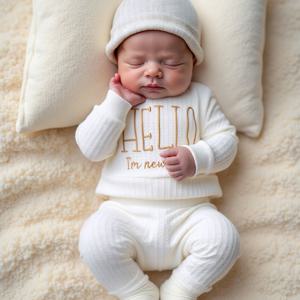 TEMU 3pcs 신생아 사진 촬영 의상 아기 니트 긴팔 세트 남아 여아 사진 옷 상의+바지+모자, 야외용