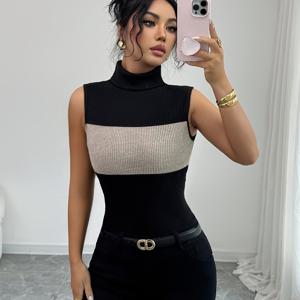 TEMU 여성용 봄/여름 하이넥 컬러 블록 스플라이스 조끼, 슬림핏, 색상 대비 디자인, 데일리웨어, 통근 및 사무실용으로 적합