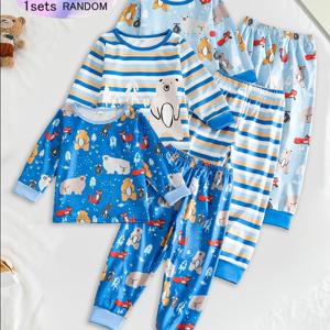 TEMU 아기 남아용 가을 캐주얼 잠옷, 북극곰, 너구리, 여우 프린트, 긴소매 및 바지, 탄성 커프스 및 발목, 난연성 원단, 랜덤 세트 배송
