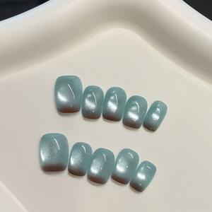 TEMU 10개입 민트 초콜릿 쿨감 캣아이 스타일 누르는 방식의 숏 인조 손톱, 데일리 시크 청록색 숏 사다리꼴 스타일, 탈부착식 인조 손톱, 여성용 및 발렌타인데이 선물용, 보관함 포함