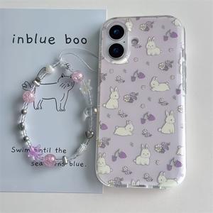TEMU 아이폰 11 12 13 17 프로 맥스용 투명 화이트 라이트 페인팅 꽃무늬 토끼 체인 휴대폰 케이스