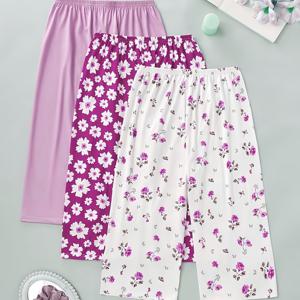 TEMU 여성용 캐주얼 숏 나이트드레스 쇼츠 3pcs - 데이지/로즈/모양 & 솔리드 루즈핏 슬립웨어, 디테일 포함, 중간 신축성 슬립팬츠, 침대 또는 라운지용 연중 사용 가능 - 편안한 나이트드레스 (세탁기 사용 가능)