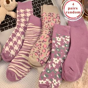 TEMU 여성을 위한 두꺼운하고 부드러운 보라색 혼합 색상의 겨울용 롱 삭스 4켤레, 겨울철 수면 시 편안함과 따뜻함 제공