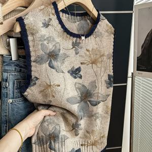TEMU 여성용 다용도 사계절 카키 그라데이션 플로럴 프린트 탑, 루즈핏, 라운드넥, 민소매 디자인, 대비되는 트림. 봄, 가을, 겨울 캐주얼 백투워크나 외출에 완벽. 셔츠와 조끼와 잘 어울림