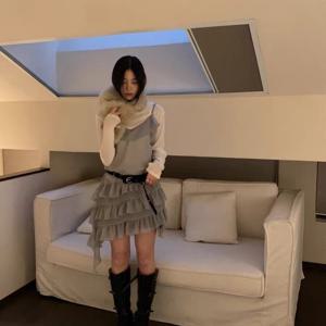 TEMU 물결 엣지 주름 멜빵 원피스 기품 있는 이중 레이어링 멜빵 스커트