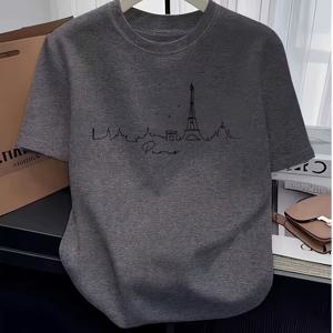 TEMU 여성 브라운 다크 그레이 화이트 프린트 캐주얼 티셔츠 - 여름용 스트레치 크루넥 반팔 상의, 세탁기 사용 가능, 데일리 컴포트, 불투명 소재 스타일리시한 여름 쿨 반팔 여름 캐주얼 티셔츠