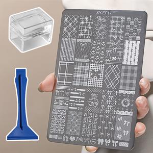 TEMU DIY 리본 프린팅용 클리어 스틸 플레이트 및 스탬프 포함 네일 아트 스탬프 시스템 3개, 네일 엠보싱 템플릿, 가정용 살롱 네일 디자인용, 미용 애호가를 위한 호환 제품 - 사용하기 쉬운 투명 인쇄 도구