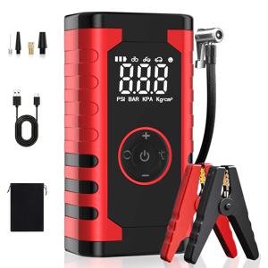 TEMU 내장 에어 컴프레서가 있는 휴대용 점프 스타터, 5.0 L 가솔린 및 3.0 L 디젤 엔진용 150 PSI 배터리 점프, 점프 케이블, LED 라이트 및 LCD 디스플레이가 있는 12 V 점프 박스, 전원 부족한 배터리 및 튀어나온 타이어와 같은 문제를 해결하는 올인원 디자인