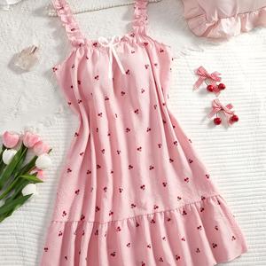 TEMU 여성용 플러스 사이즈 러플 핑크 체리 프린트 캐미솔 나이트가운, 리본 장식 캐주얼 루즈 스파게티 스트랩 슬립 드레스