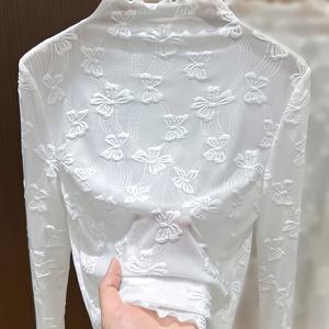 TEMU 여성용 신상 가을/겨울 스타일 부드럽고 스타일리시한 자카드 레이스 탑, 레이어드용 세미 하이넥 메쉬 베이스 레이어