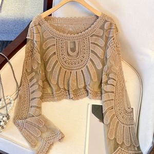 TEMU 스타일 숏 여성용 여름 풀오버, 라운드넥 및 긴소매, 레이스 크로셰 자수