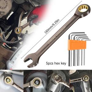 TEMU 6개 검정 니켈 고정 헤드 라쳇 렌치 세트, 72톱니 정밀 기어 라쳇 렌치, 라쳇 렌치 1개, 육각 렌치 5개 포함, 가정용 도구, 수리 필수 장비, 자동차 수리 도구, 하드웨어 도구