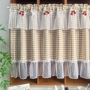 TEMU 1패널 체리 프린트 체크무늬 짧은 커튼 - 주방용 우아한 하프 윈도우 커튼, 러플 버팔로 체크 카페 캐비닛 창문 장식, 룸 디바이더