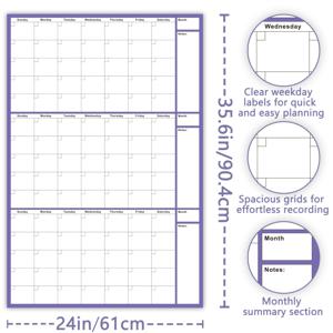 TEMU 3개월용 건식 지우개 달력 | 35.6×24인치 연월일 미표기형 플래너 | 월간 계획 섹션이 있는 일일 블록 레이아웃 | 화이트보드 마커 4개 및 양면 포스트잇 포함 | 사무실, 가정, 교실, 팀 프로젝트 계획에 적합