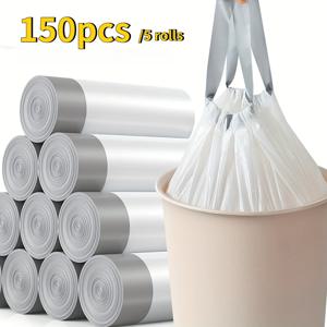 TEMU 고강도 대형 휴대용 쓰레기 봉투 5롤 150매, 조임끈 포함, 흰색 주방 및 욕실용 쓰레기 봉투 라이너, 가정, 사무실, 침실, 식당 청소용