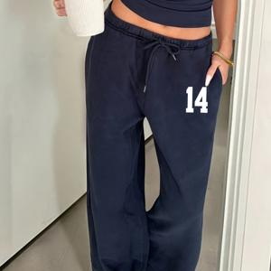 TEMU 여성용 원피스 럭키 넘버 14 & 럭키 심볼 프린트 와이드 팬츠 - 루즈핏 팬츠, 탄력 있는 드로스트링 허리 - 캐주얼 & 럭키 아웃핏 (넘버 14 럭키)