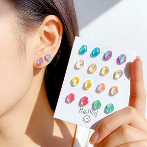 TEMU 16개/8쌍 밝고 생생한 모카 컬러 물결 모양 스터드 귀걸이 - 박스 포장, 봄/여름 신상, 아이스 큐브 모양 귀걸이, 생생한 색상, 레진 귀걸이핀, 가볍고 편안함, 십대, 여성에게 적합, 배터리 없음