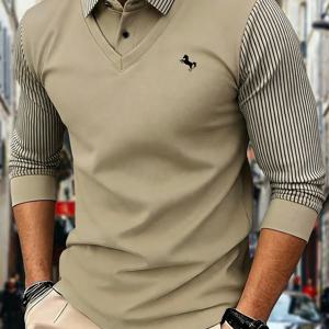 TEMU 남성용 신상 봄 니트 클래식 라펠 긴팔 페이크 투피스 폴로 셔츠, 트렌디하고 쉬운 기하학적 포니 프린트 디자인, 대비되는 색상의 넥라인 인터레이어 셔츠, 가볍고 통기성이 좋으며 부드럽고 피부 친화적인 원단