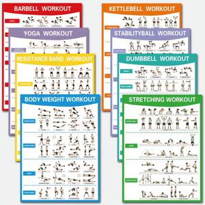 TEMU 2D 평면 운동 루틴, 스트레칭, 덤벨 무게 트레이닝, 요가 연습, 안정성 볼, 바벨, 저항 밴드, 케틀벨 운동 루틴이 특징인 8개 피트니스 포스터 세트